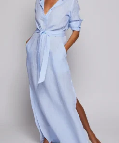 Long Linen Shirt Dress - Light Blue