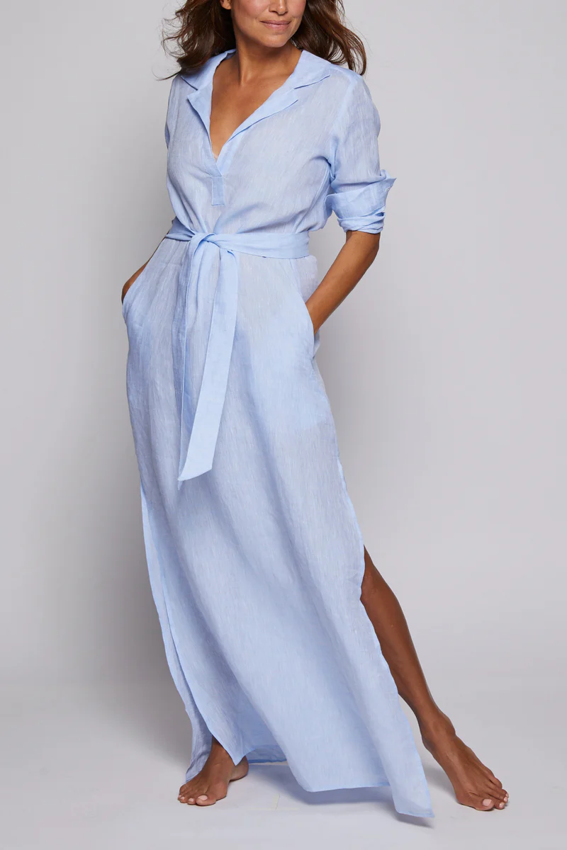 Long Linen Shirt Dress - Light Blue