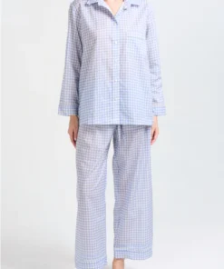 Long Sleeve Pajama Set - Blue Gingham Piped in Cream
