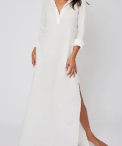Long Linen Shirt Dress - Cream