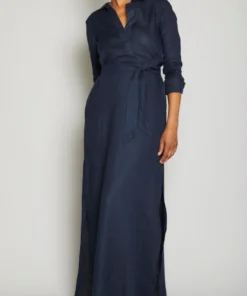Long Linen Shirt Dress - Navy
