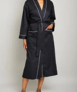 Cotton Sateen Robe with Contrast Piping-black